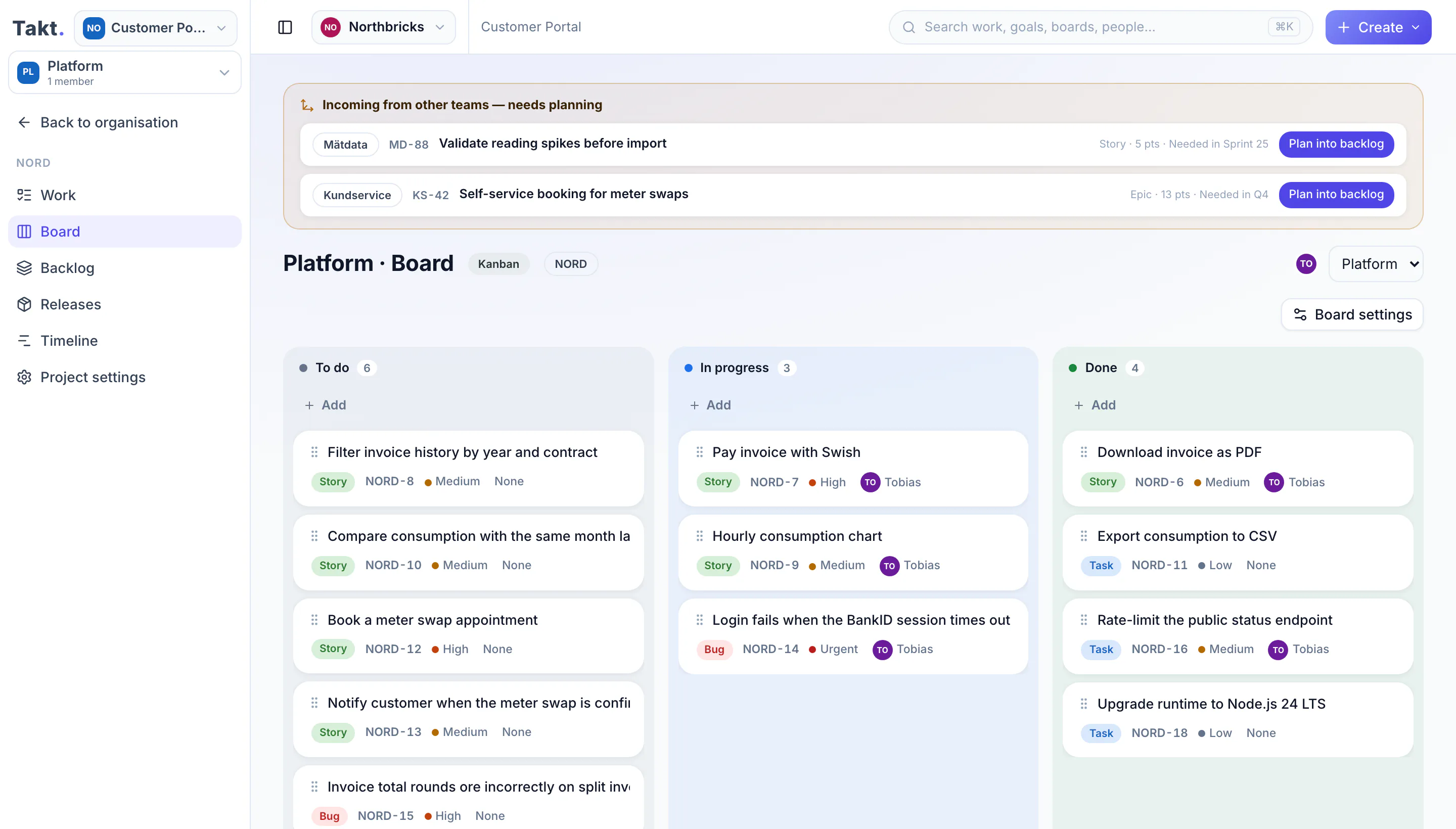 Takt board for the Platform team: To do, In progress and Done columns with stories, tasks and bugs such as “Pay invoice with Swish” and “Login fails when the BankID session times out”.